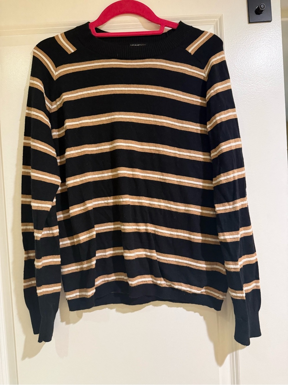 Minnie Rose Black Crewneck Sweater with Tan Stripes